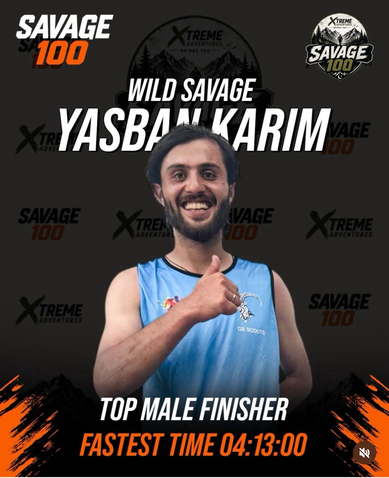 Award graphic: a smiling runner in a pale blue vest giving a thumbs up, on a dark Savage 100 backdrop, captioned Wild Savage, Yasban Karim, top male finisher, fastest time 04:13:00