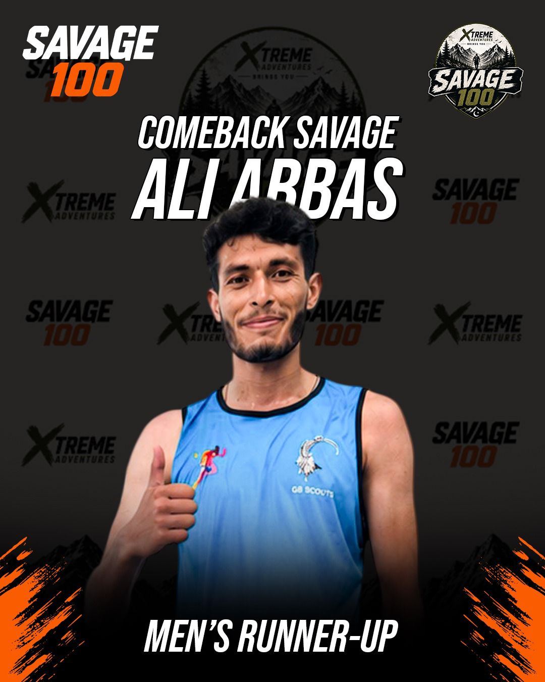 Award graphic: a runner in a pale blue vest giving a thumbs up, on a dark Savage 100 backdrop, captioned Comeback Savage, Ali Abbas, men's runner-up