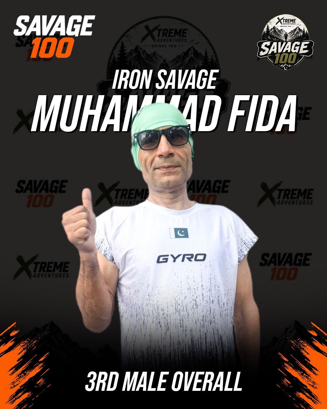 Award graphic: a runner in sunglasses and a green headscarf giving a thumbs up in a white running shirt, on a dark Savage 100 backdrop, captioned Iron Savage, Muhammad Fida, 3rd male overall