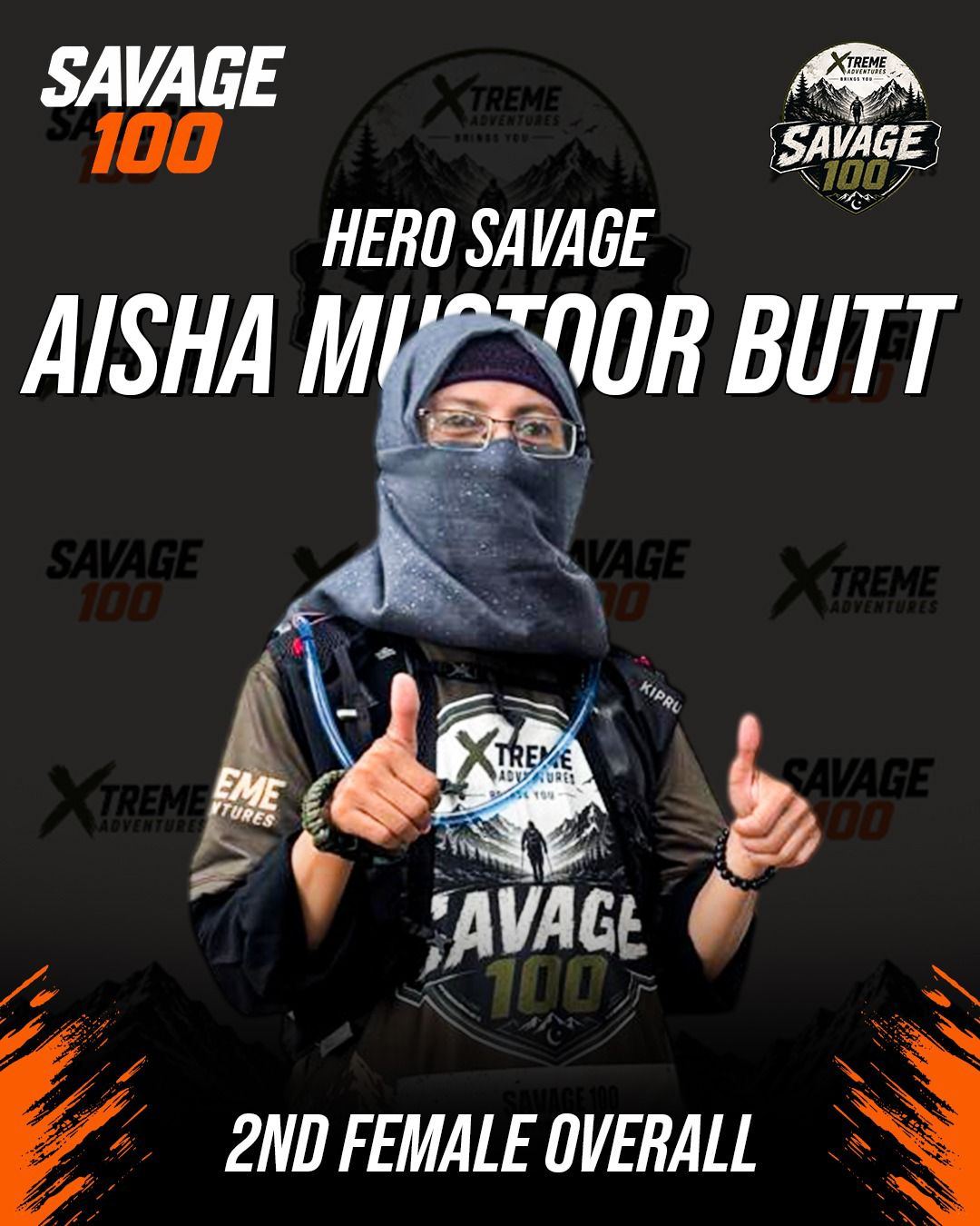 Award graphic: a runner in a hydration vest, glasses and a buff covering her face, both thumbs raised, on a dark Savage 100 backdrop, captioned Hero Savage, Aisha Mustoor Butt, 2nd female overall