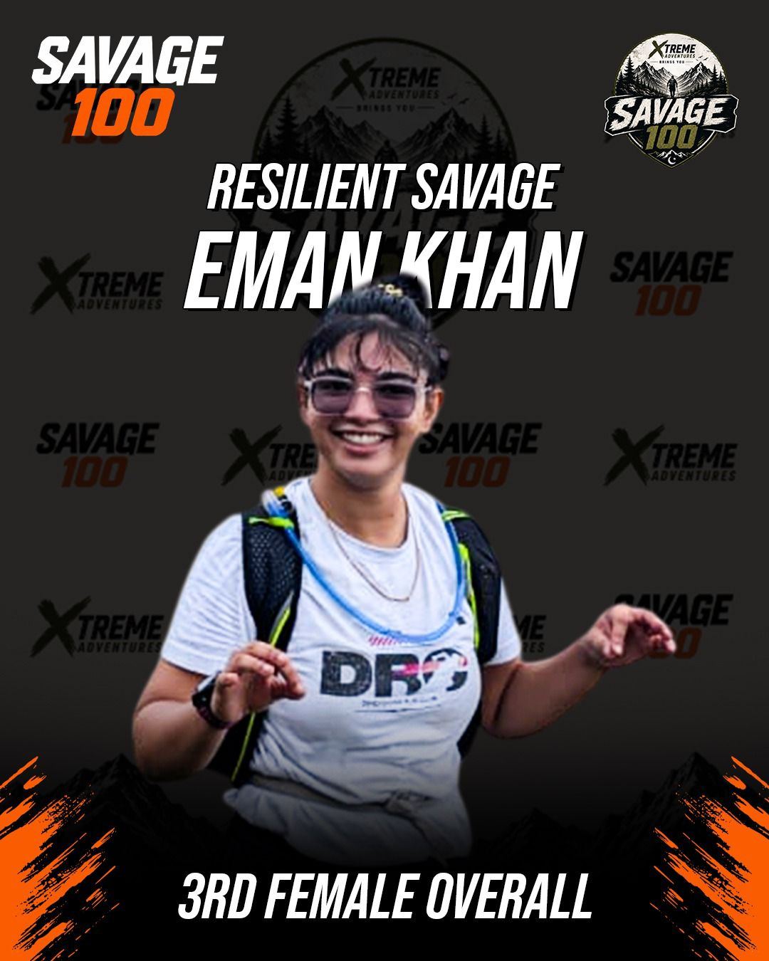 Award graphic: a smiling runner in sunglasses and a hydration vest over a white club shirt, on a dark Savage 100 backdrop, captioned Resilient Savage, Eman Khan, 3rd female overall