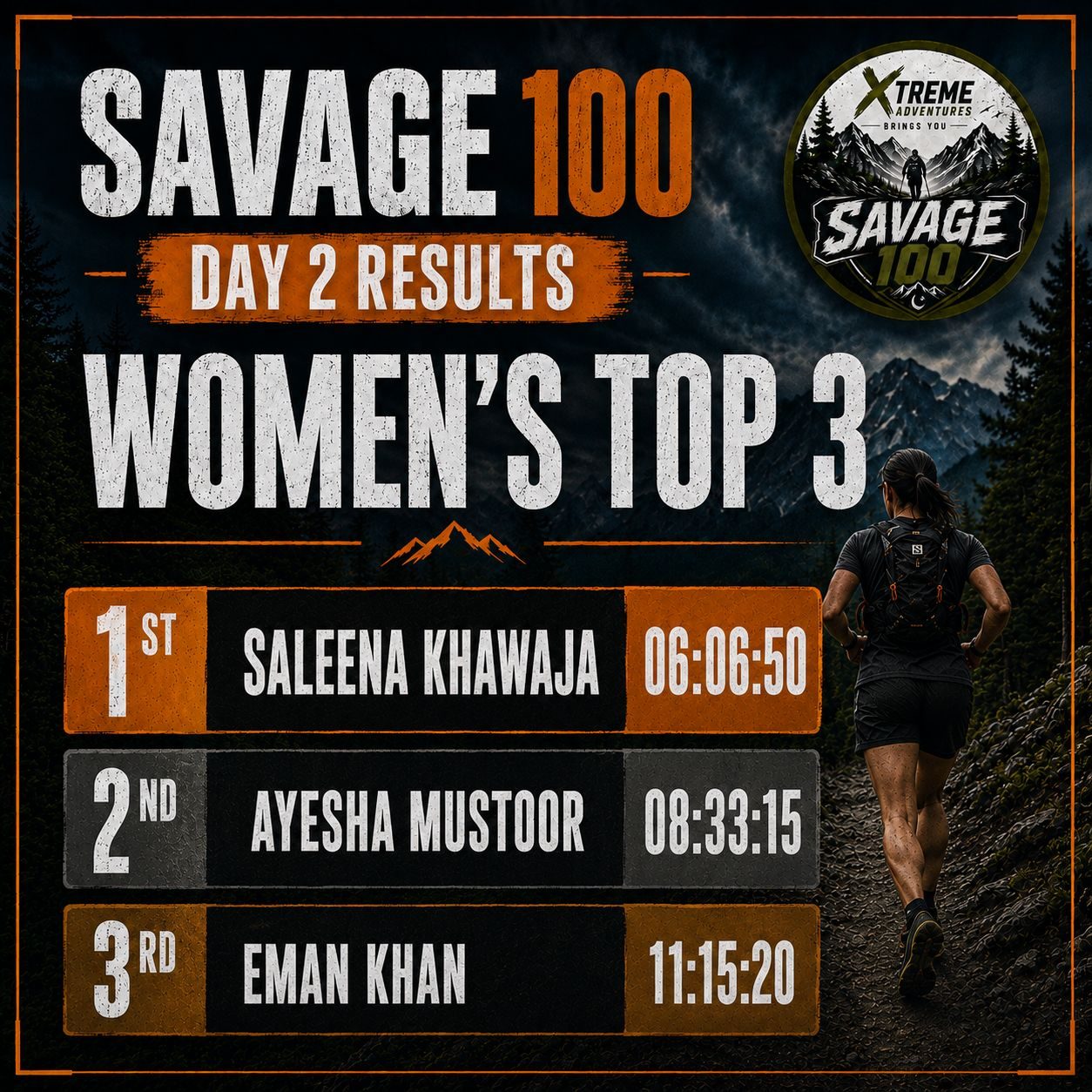 The organisers' day 2 women's podium graphic: 1st Saleena Khawaja 06:06:50, 2nd Ayesha Mustoor 08:33:15, 3rd Eman Khan 11:15:20