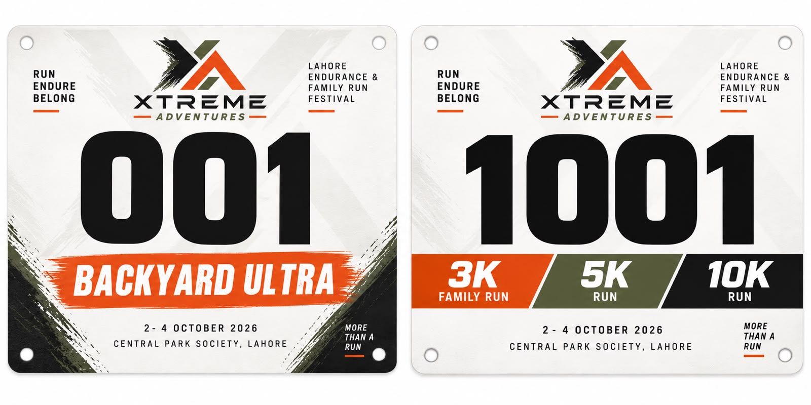 Two LOOP 63 race bibs side by side: number 001 marked Backyard Ultra, and number 1001 marked 3K Family Run, 5K Run and 10K Run. Both read 2-4 October 2026, Lahore.