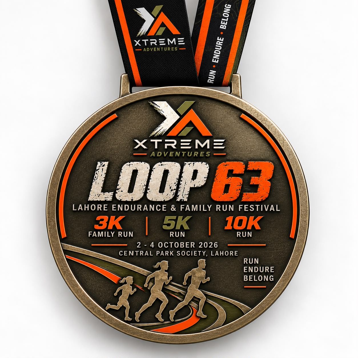 The LOOP 63 finisher medal on a black and orange lanyard, engraved with three running figures, 3K Family Run, 5K Run and 10K Run, and 2-4 October 2026, Lahore.