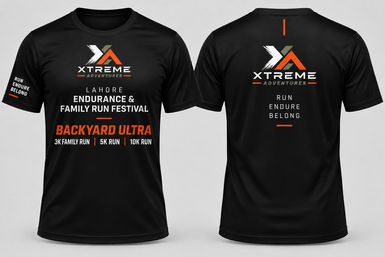The black LOOP 63 event T-shirt, front and back. The front reads Lahore Endurance and Family Run Festival, Backyard Ultra, 3K Family Run, 5K Run, 10K Run; the back reads Run Endure Belong.