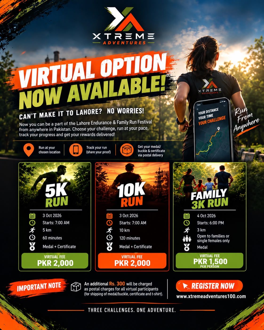 The LOOP 63 virtual option poster: Virtual Option Now Available, run from anywhere, with 5K, 10K and Family 3K cards and a note that an additional Rs. 300 postal charge applies.