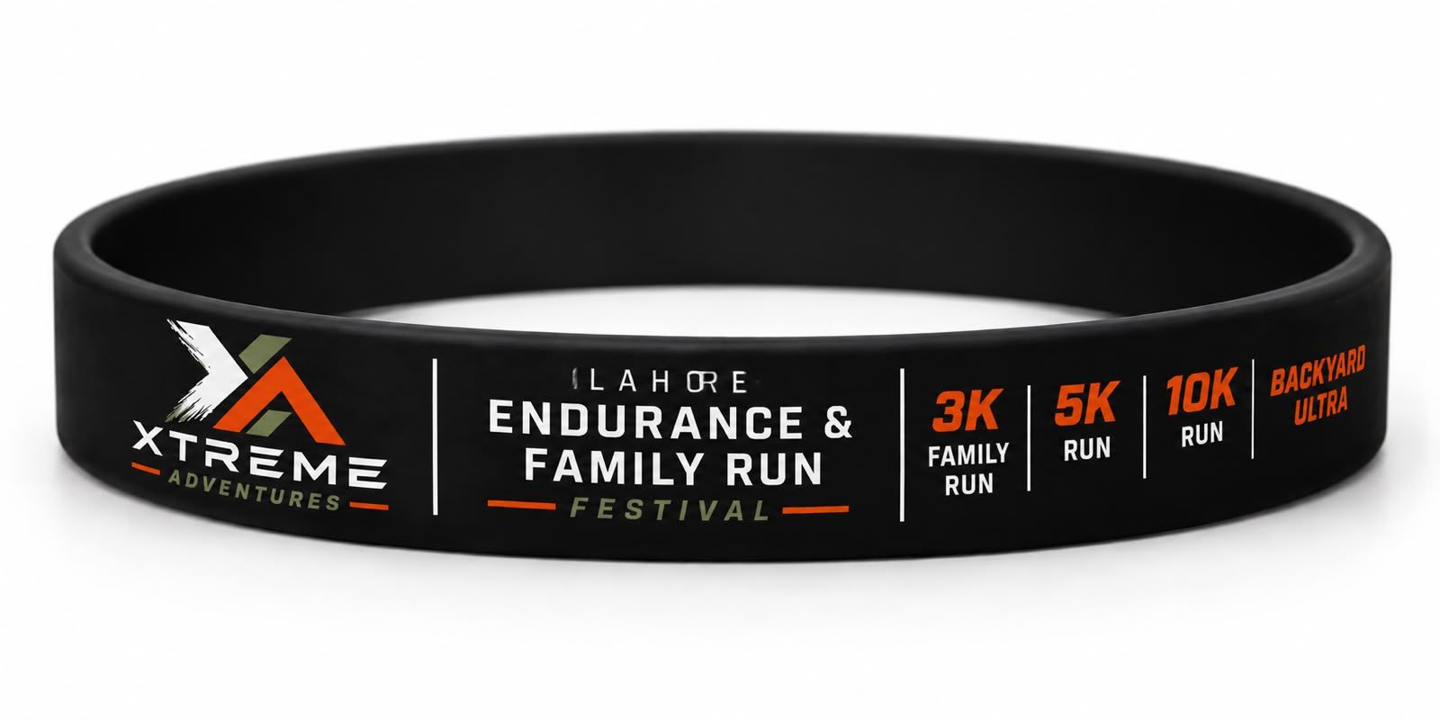 A black silicone LOOP 63 wristband reading Lahore Endurance and Family Run Festival, with 3K Family Run, 5K Run, 10K Run and Backyard Ultra.